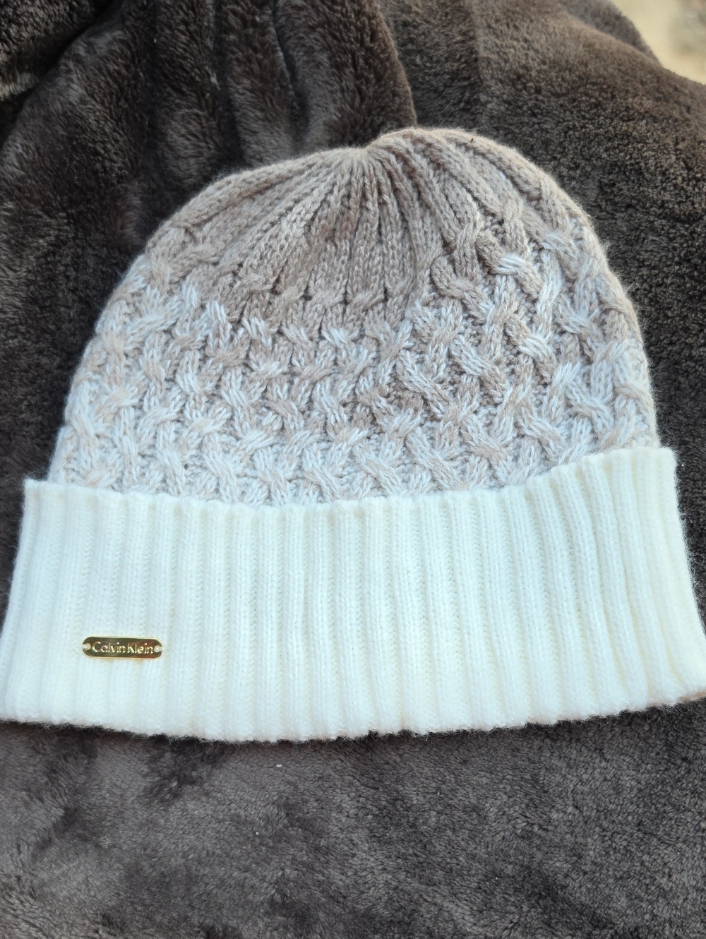 Calvin Klein Two-Tone Knit Beanie - Ivory & Taupe